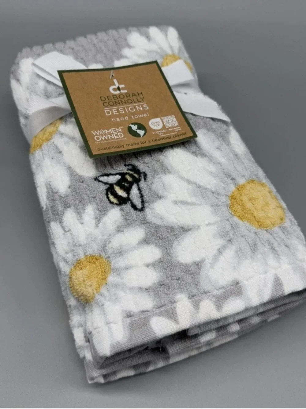 4pc Deborah Connolly Bumble Bee Bath Hand Towel Set Gray Daisy Floral Textured